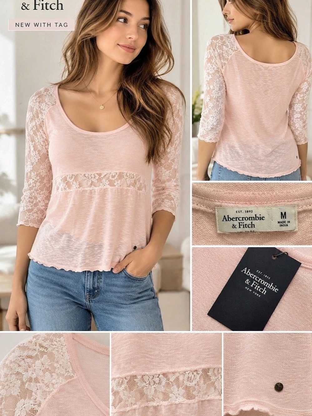 Abercrombie Vintage Y2K Pink Lace Babydoll Top NWT M